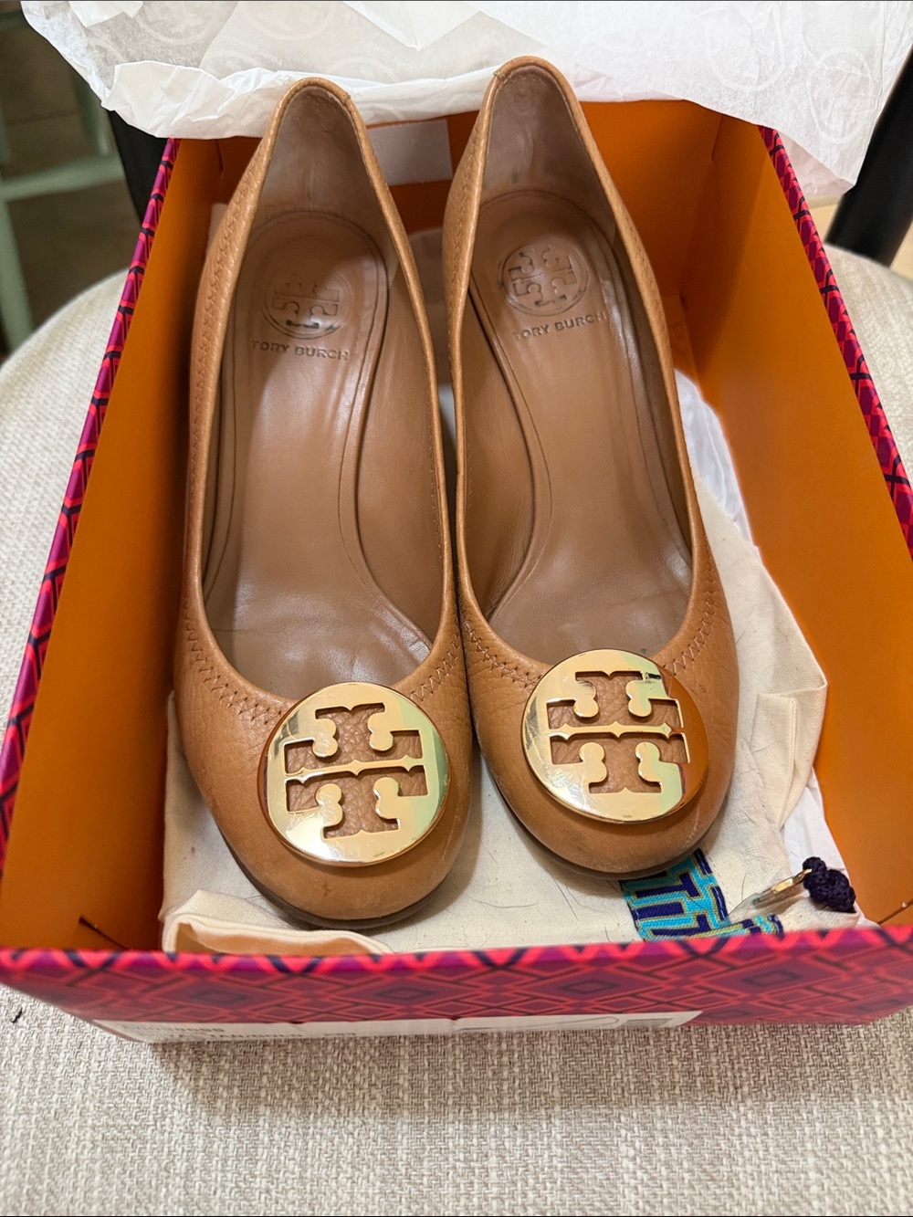 Tory Burch Cognac Leather Heels with Gold Logo Medallions